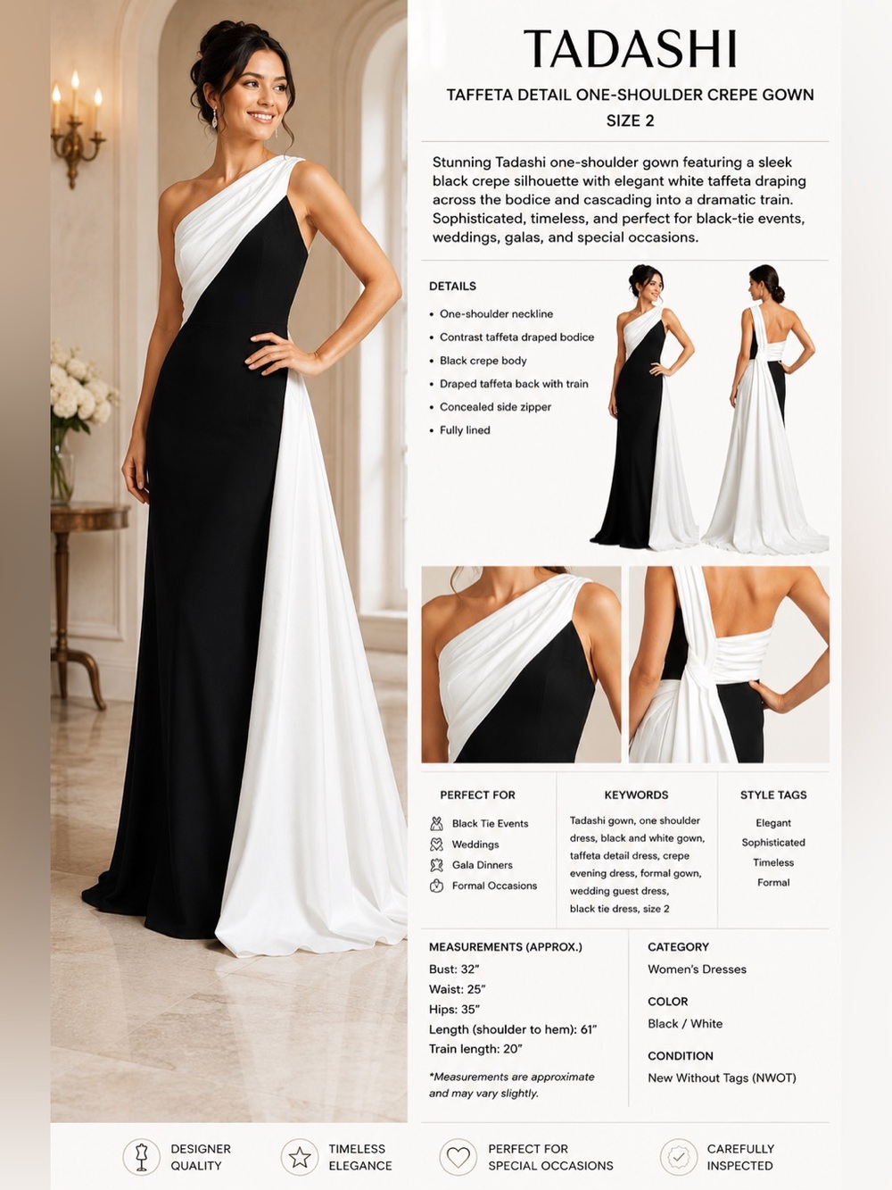 Tadashi Shoji Taffeta Detail One-Shoulder Crepe Gown Black Ivory Size 2 NWOT